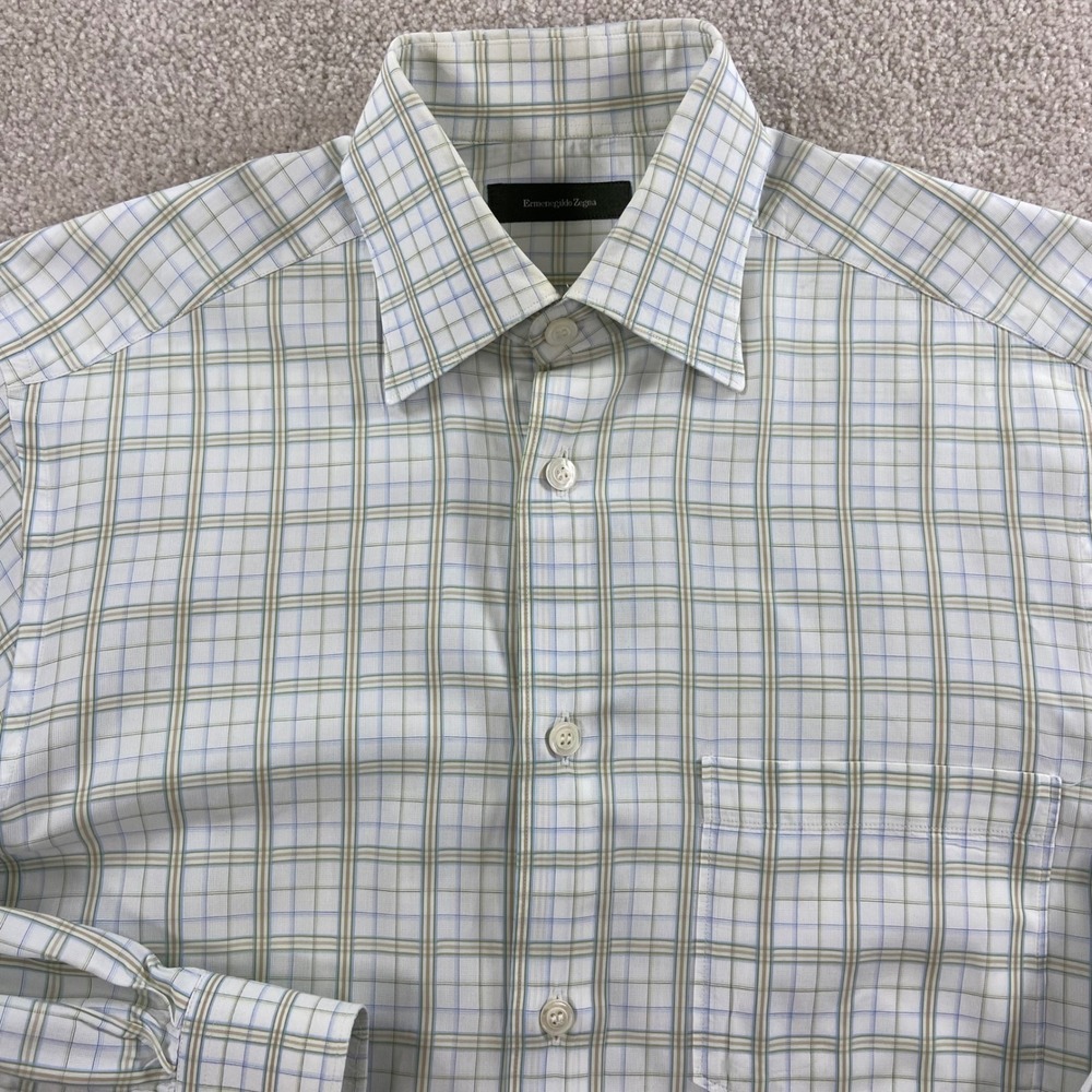 Ermenegildo Zegna Button Down Shirt Mens S White Blue Plaid Made in Italy